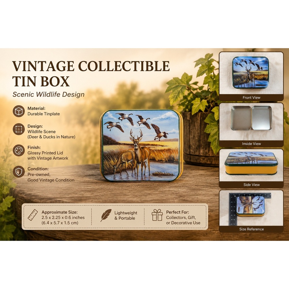 Wildlife Nature Scene Metal Storage Tin Deer and Geese Small Decorative Box